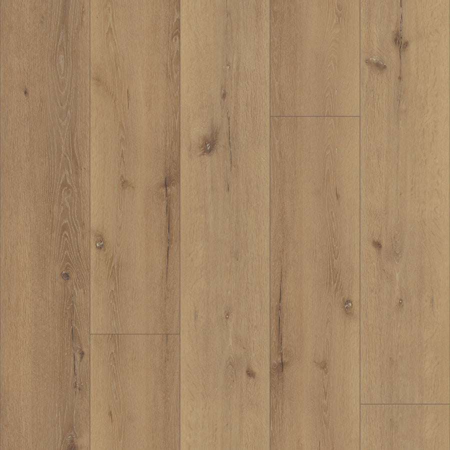 Coretec Pro Plus XL Enhanced Vinyl features light brown luxury floorboards with natural grain, knots, and stone visuals for a warm, realistic look—perfect waterproof flooring for any modern space.