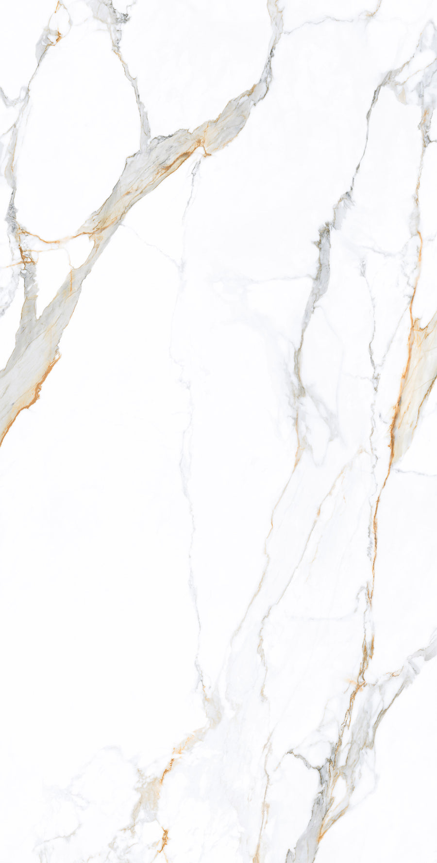 The Donatello 24x48 Porcelain Tile features a white marble surface with gray and gold veining. Its organic lines evoke elegant Italian marble, making it perfect as a large format tile for sophisticated interiors.