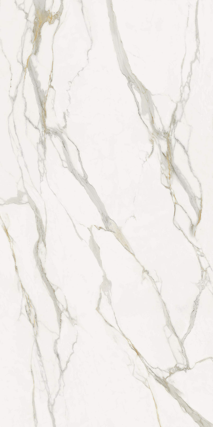 Porcelain Slab features a luxurious white marble look with elegant gray and gold veining. Its seamless, no grout design enhances movement and sophistication across a smooth, refined background.
