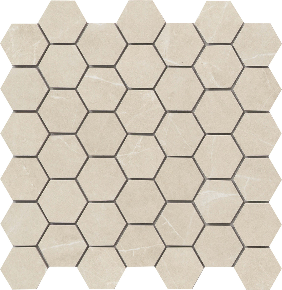 The Callie 2" Hexagon Porcelain Mosaic in Alabaster features beige hexagon tiles with white marble-like veins, arranged in a grid and accented by dark grout lines.