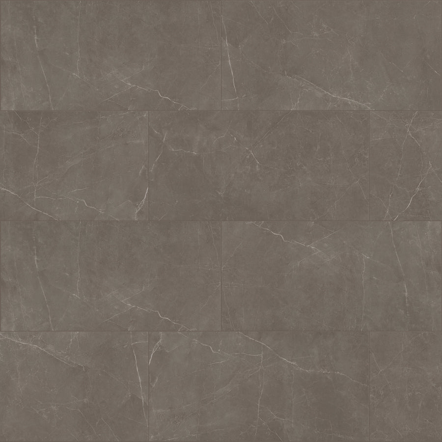 A close-up of Callie 24x24 Polished Porcelain Tile in Mocha, featuring dark brown tones with subtle white veining and a polished finish, arranged in a staggered brick pattern.