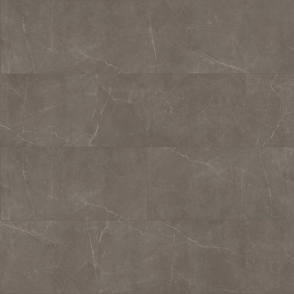 A close-up of Callie 24x24 Polished Porcelain Tile in Mocha, featuring dark brown tones with subtle white veining and a polished finish, arranged in a staggered brick pattern.