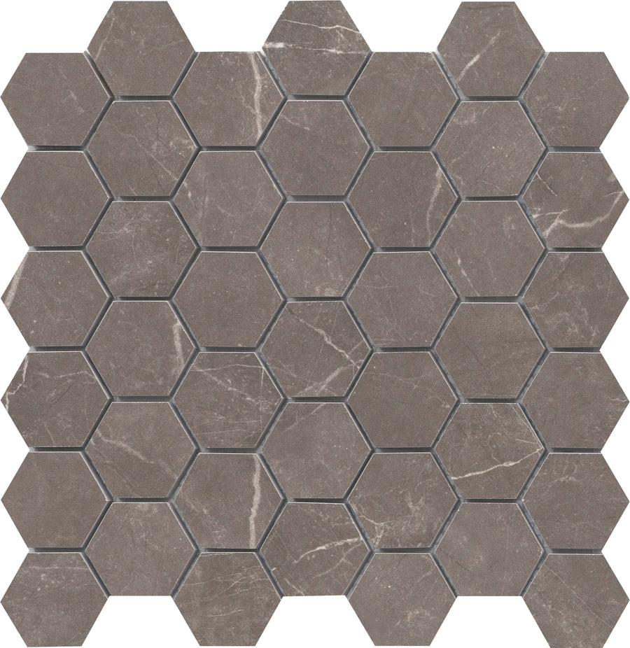 The Callie 2" Hexagon Porcelain Mosaic in Mocha features a modern geometric design with dark gray hexagonal tiles and subtle white veining, arranged in even rows for a sleek, contemporary look.