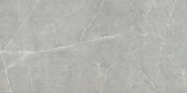 Callie 12x24 Matte Porcelain Tile in Moonlight features a light gray surface with subtle white veining and a natural texture, offering a smooth, elegant finish ideal for luxury flooring or countertops.