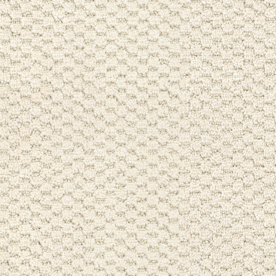 Close-up of Calm Pet Friendly Carpet, featuring a textured off-white surface with a small looped pattern that’s soft, slightly raised, and ideal for pet owners seeking both comfort and style.