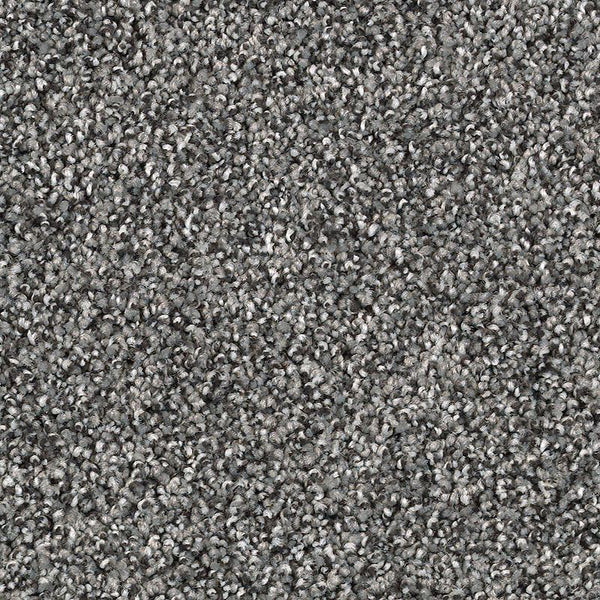 Close-up of Shaded Escape Family Friendly Carpet in Calypso, featuring densely packed, loop-pile fibers in subtle grayscale tones for a durable, family-friendly flooring option.