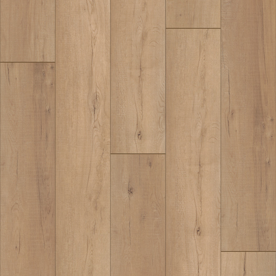Coretec Plus Enhanced Vinyl features light brown luxury planks with visible grain and knots in a staggered pattern. Its rigid core has a natural matte finish with subtle color and texture variations for an authentic look.