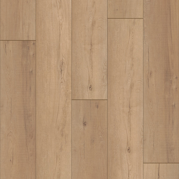 Coretec Plus Enhanced Vinyl features light brown luxury planks with visible grain and knots in a staggered pattern. Its rigid core has a natural matte finish with subtle color and texture variations for an authentic look.