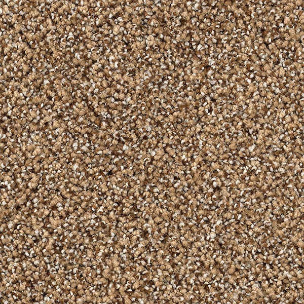 Close-up of Shaded Escape Family Friendly Carpet in Camel. Its tightly woven, looped fibers create a plush, dense texture, making this durable carpet a soft and practical choice for any family space.