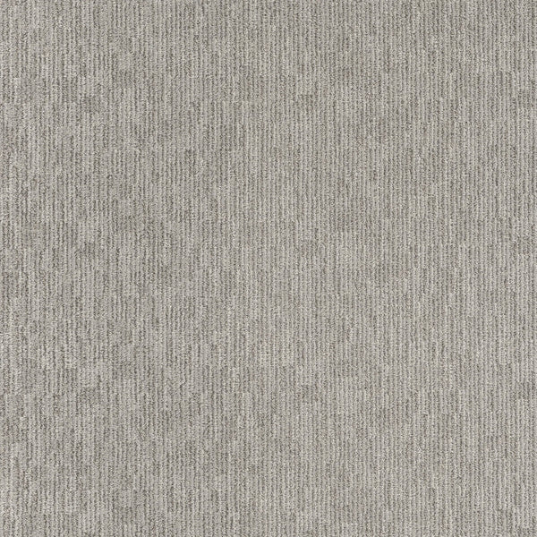 Close-up of Sneak Peak Berber Carpet in Campfire Ash shows a dense, durable pile with a soft feel. Its light gray surface features subtle, vertical linear patterns and gentle speckles for a modern, uniform look.