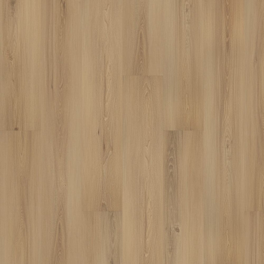Close-up of Eastbrook Shoals 9" Vinyl Plank flooring in light brown, featuring natural grain and subtle knots for a warm wood-look design. This waterproof vinyl plank adds stylish durability to any space.