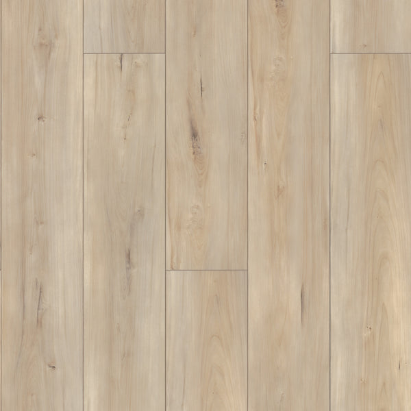 Coretec Pro Plus XL Enhanced Vinyl features elongated rectangular planks in a warm beige tone with natural wood grain and subtle knots. This stylish, waterproof luxury vinyl flooring offers slight shade and texture variations for a realistic look.