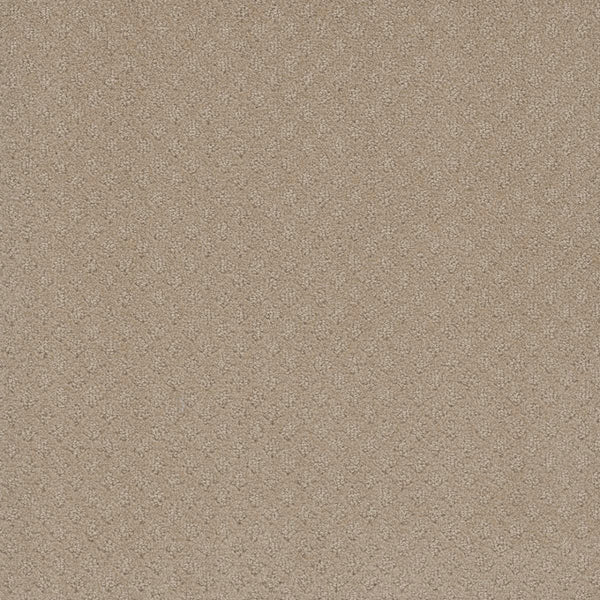 Close-up of Capri Pet Friendly Carpet in Soft Pine. This stain-resistant, beige carpet features a subtle diamond pattern and speckled texture, providing a cozy, neutral look ideal for homes with pets.