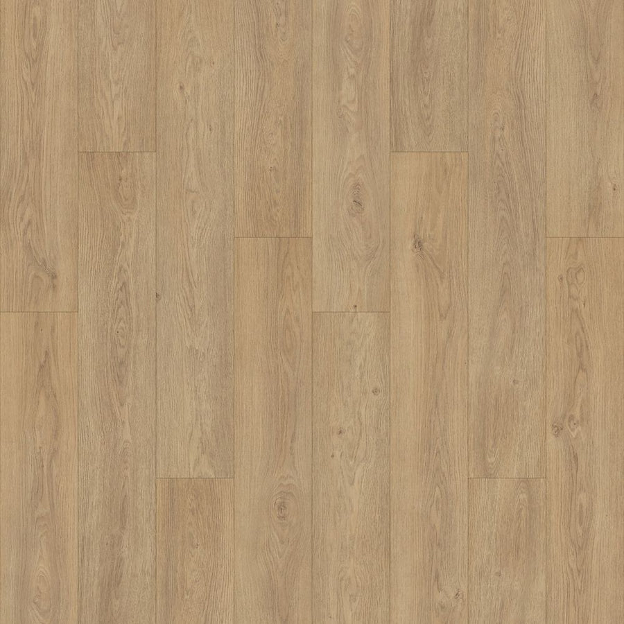 Danish Overlook 7 1/2" Waterproof Laminate in Caramel Oak features a warm, rustic wood-look with natural grain patterns and knots, arranged in a staggered plank design for authentic style.