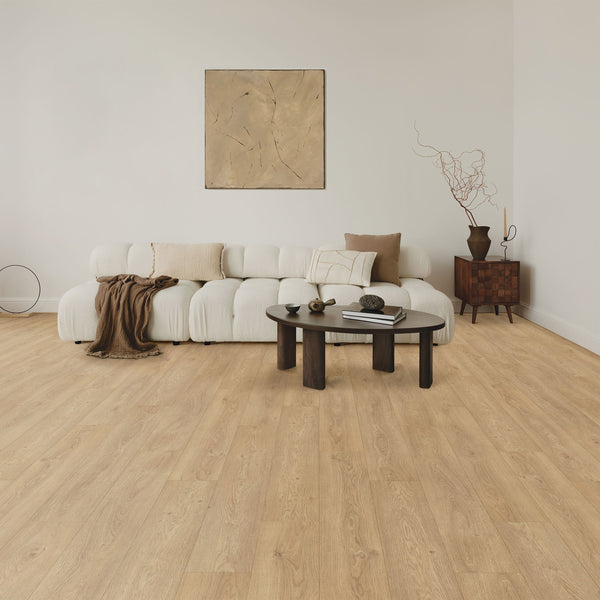 A modern living room with light wood flooring, a white curved sofa with neutral cushions and a brown blanket, a round dark coffee table, abstract wall art, and minimal decor including a vase with branches.