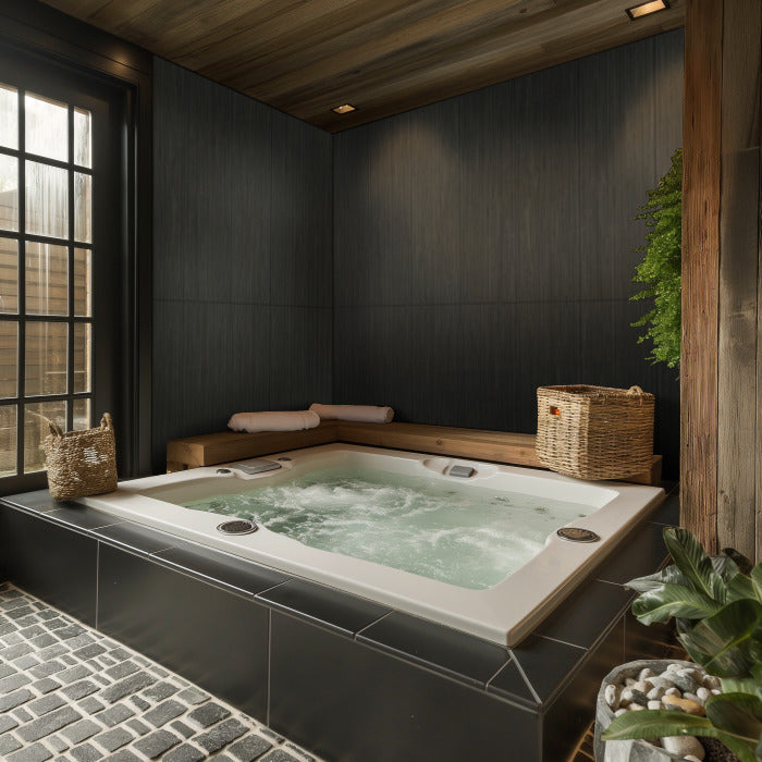 Modern indoor spa room with a bubbling hot tub, black tiled floor, wooden bench with towels, wicker baskets, plants, and a large window letting in natural light.