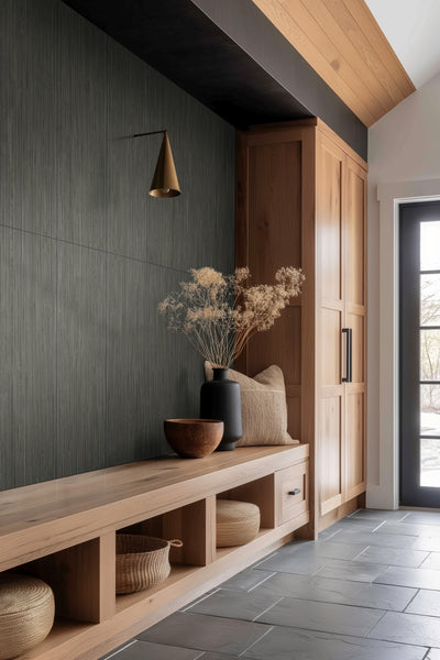 A modern entryway with wooden cabinets, a built-in bench, woven baskets, and a vase with dried foliage on a gray tiled floor. A black wall sconce and natural light from a glass door complete the scene.