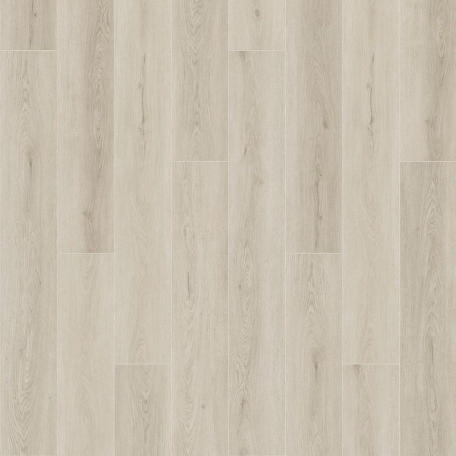 Emerald Rivers 7.5" Vinyl features light beige and gray tones with a subtle grain pattern. Planks are arranged in a staggered layout, offering a modern look and scratch-resistant durability.