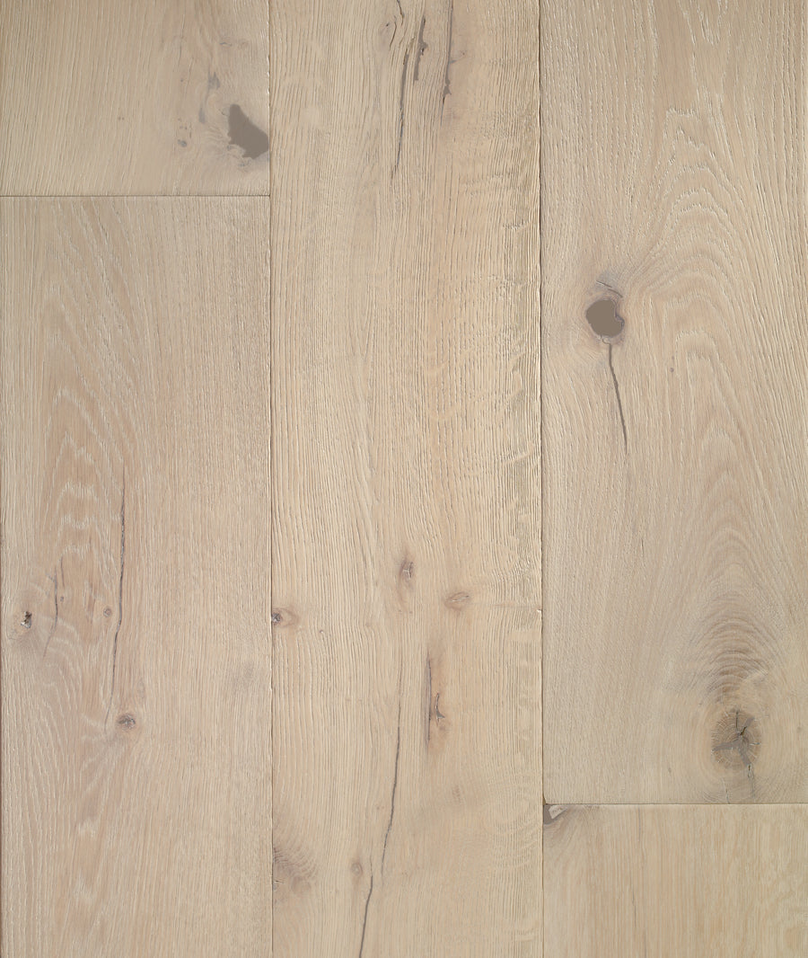 Villa Borghese 8" French Oak in Carmine features light-colored planks with visible grain and knots, arranged staggered. The neutral beige wood has a smooth, ultra low gloss urethane finish for scratch resistance.