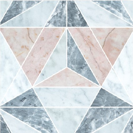 The Caro Polished Marble Mosaic Tile features a geometric pattern of polished marble triangles in white, gray, and pale pink, separated by white lines for a stylish, symmetrical design.