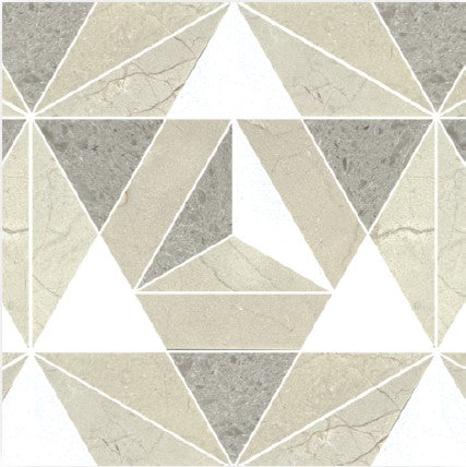 The Caro Polished Marble Mosaic Tile displays a geometric pattern of triangles and trapezoids in beige, gray, and off-white tones, creating a symmetrical abstract design with a subtle polished marble finish.