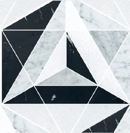 The Caro Polished Marble Mosaic Tile features a geometric pattern with black, white, and gray marble triangles and quadrilaterals in an abstract, symmetrical design.