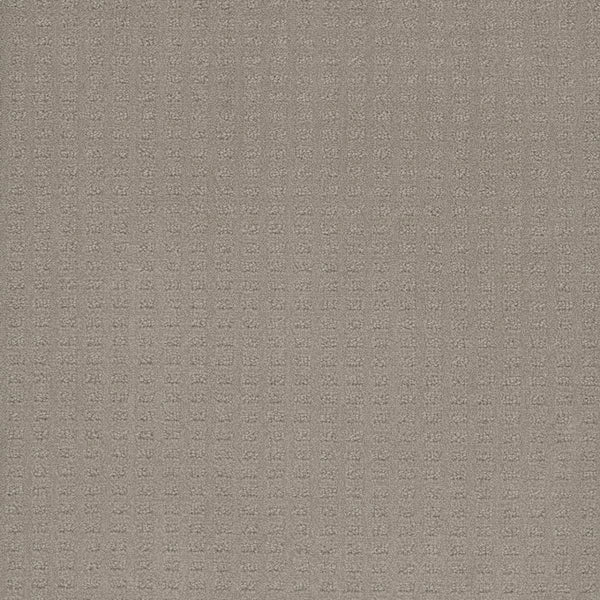 A close-up of the Caspian Berber Carpet in Arrowhead shows light brown premium fibers with a subtle checkered pattern, giving it a soft, woven texture.