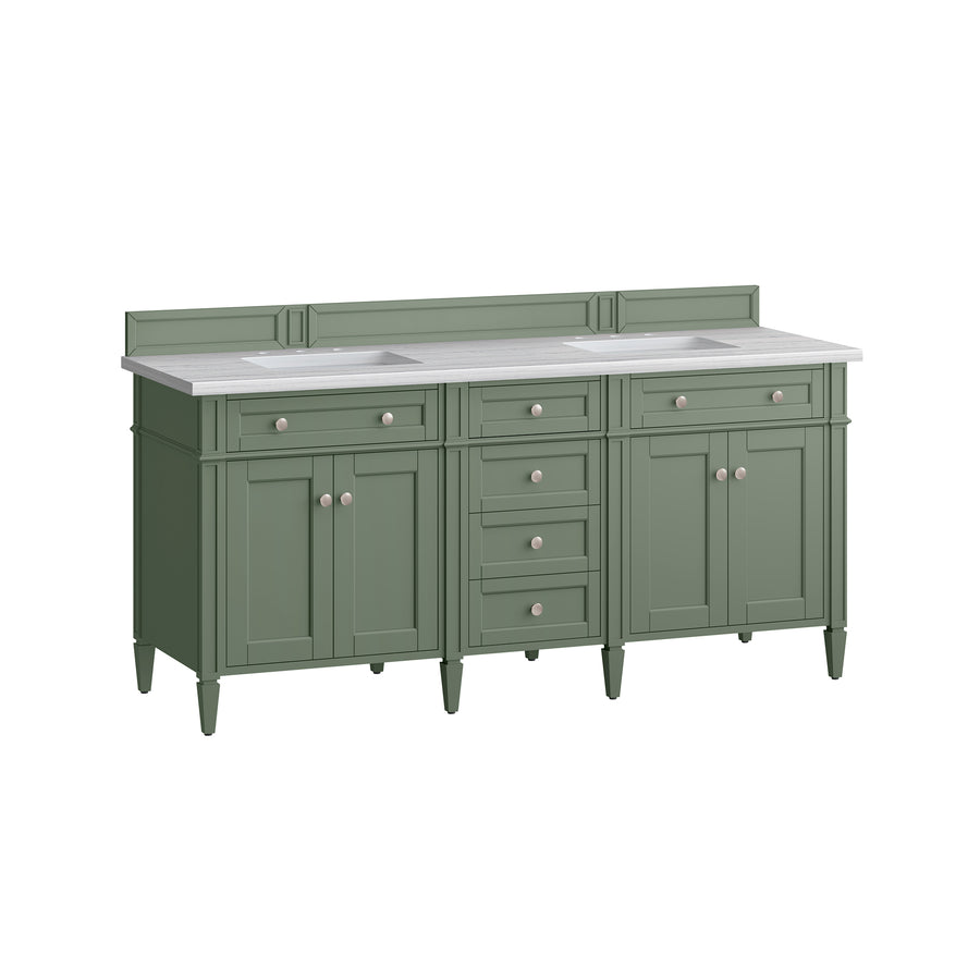 A green double-sink bathroom vanity with a white countertop, six drawers, four cabinet doors, silver knobs, and a short backsplash, displayed on a white background.