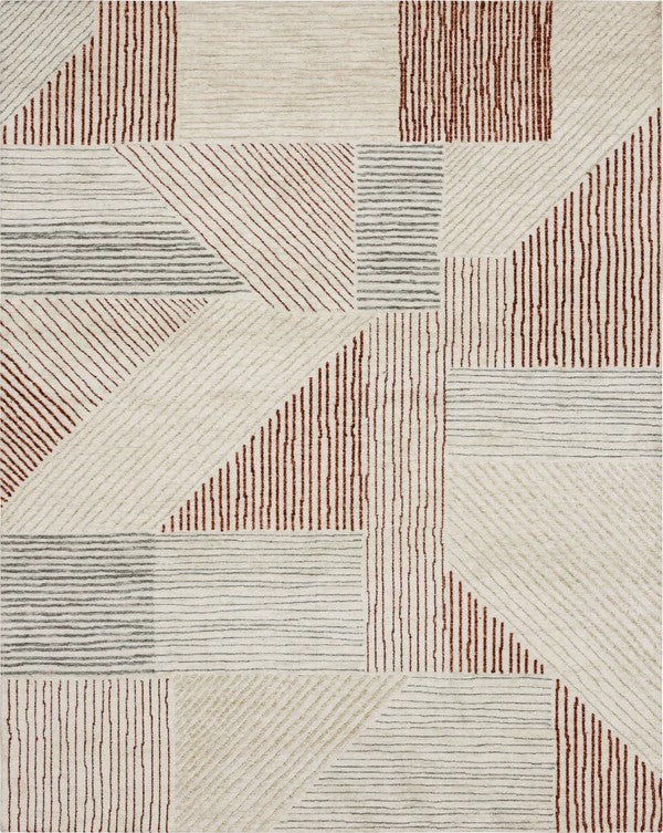 The Bowen Central Valley Area Rug showcases modern abstract geometric patterns in cream, rust, and grey, with diagonal, horizontal, and vertical lines adding a textured, layered look.