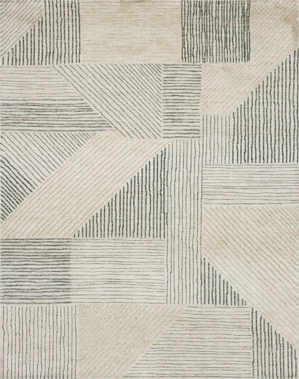 The Bowen Central Valley Area Rug features beige and off-white geometric patterns with intersecting rectangles and triangles, filled with thin lines. This modern, minimalistic rug brings luxurious style to any space.