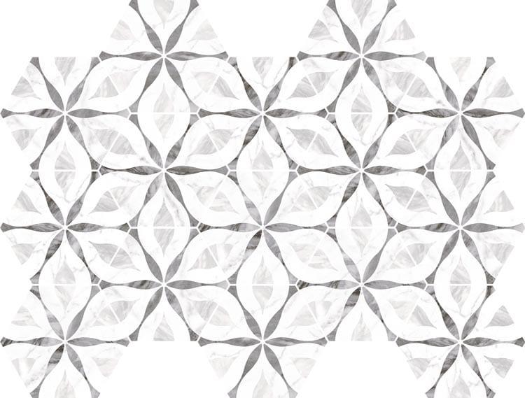 Geometric tile pattern with interlocking circles and petal shapes in shades of white and gray, creating a repeating floral motif across the surface.