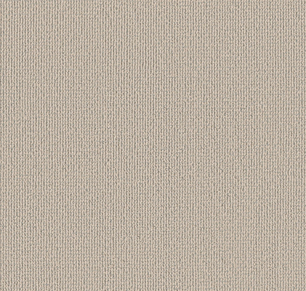 A close-up of Purrfection Beber Carpet in Champagne shows its subtle vertical ribbed texture and evenly woven surface, evoking luxury and a plush feel throughout the beige-toned image.