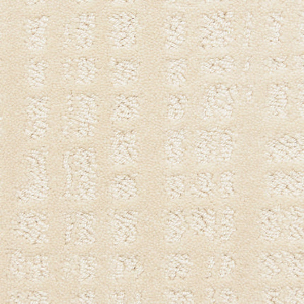 Close-up of Willow Lake On Trend Carpet in Champagne, featuring a textured grid pattern with raised rectangular shapes—an elegant and durable option for high-traffic areas.