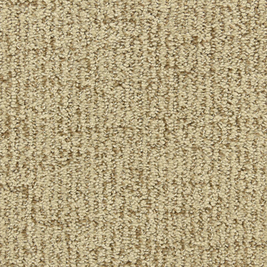 Close-up of Victor Family Friendly Carpet in Champion, featuring a durable beige loop pile with a soft, uniform surface, subtle geometric lines, and raised sections.
