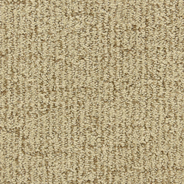 Close-up of Victor Family Friendly Carpet in Champion, featuring a durable beige loop pile with a soft, uniform surface, subtle geometric lines, and raised sections.