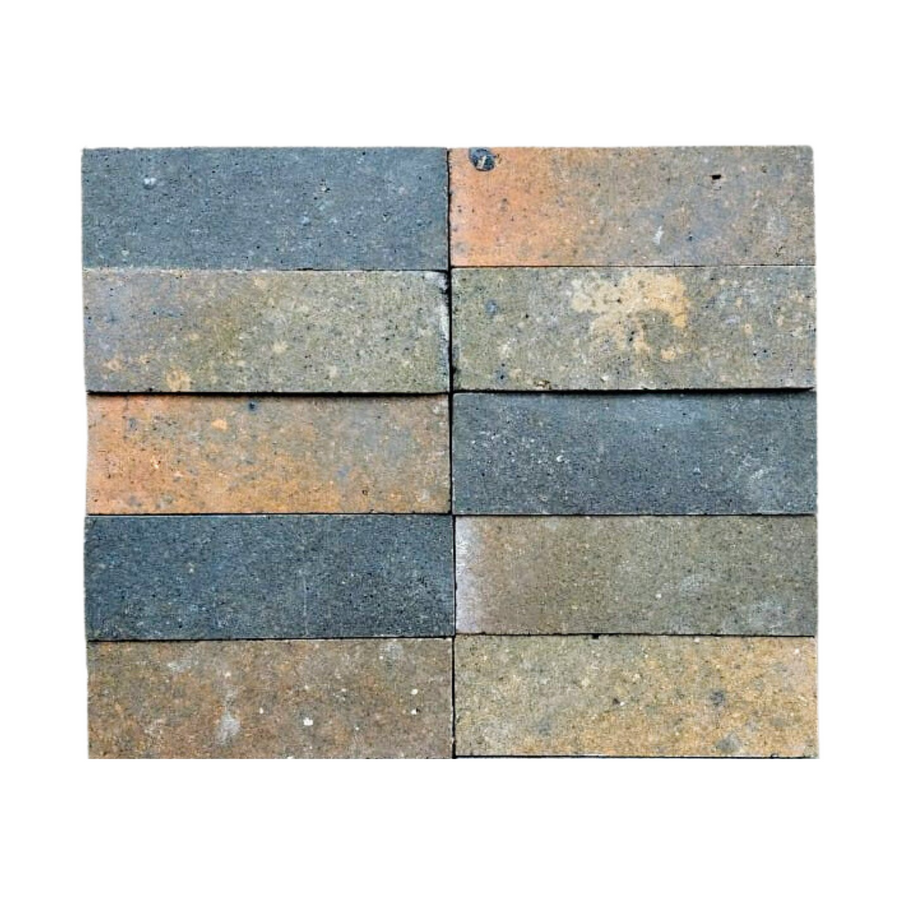 Nine Atelier Clay 2x6 Mosaic Natural Stone tiles in gray and brown tones, resembling natural stone mosaic, are arranged in three rows of three on a white background.