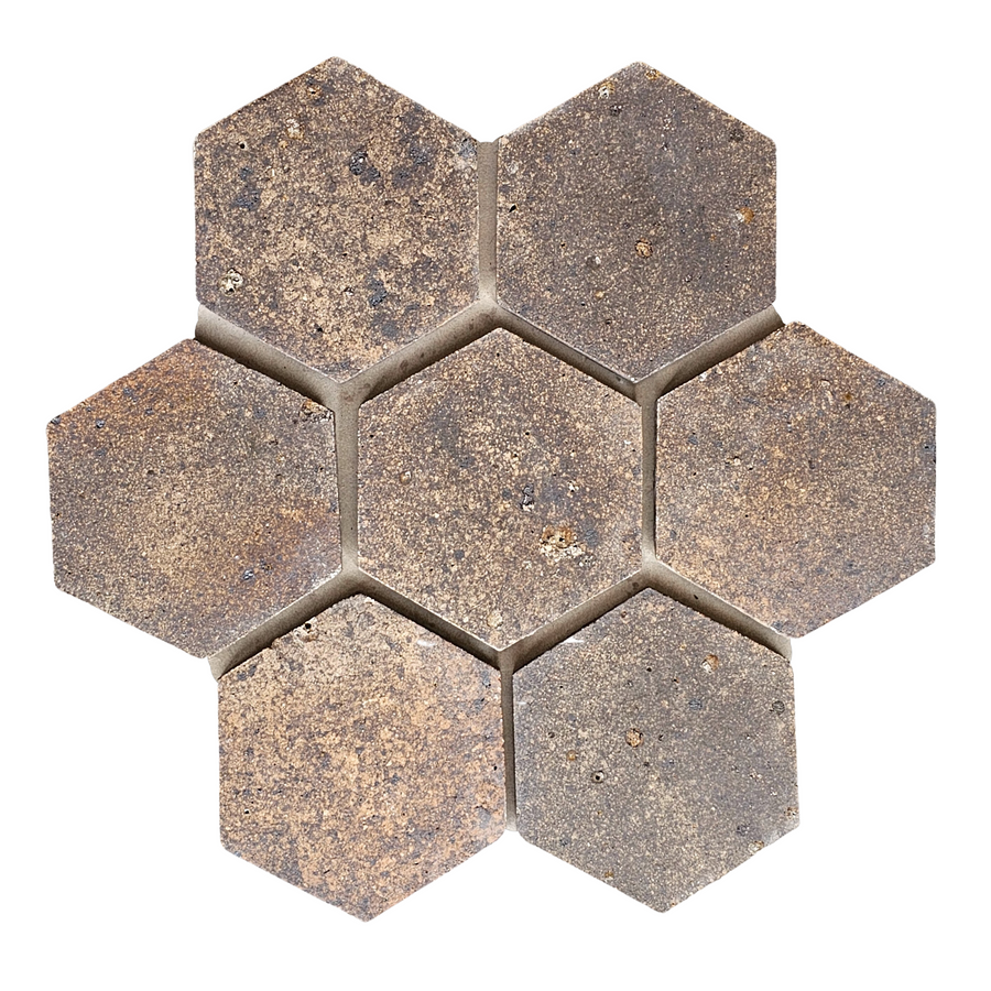 Seven brown tiles from the Atelier Clay Hexagon Mosaic Natural Stone collection form a flower-like cluster on a white background, featuring a rough, weathered texture in earthy brown shades.