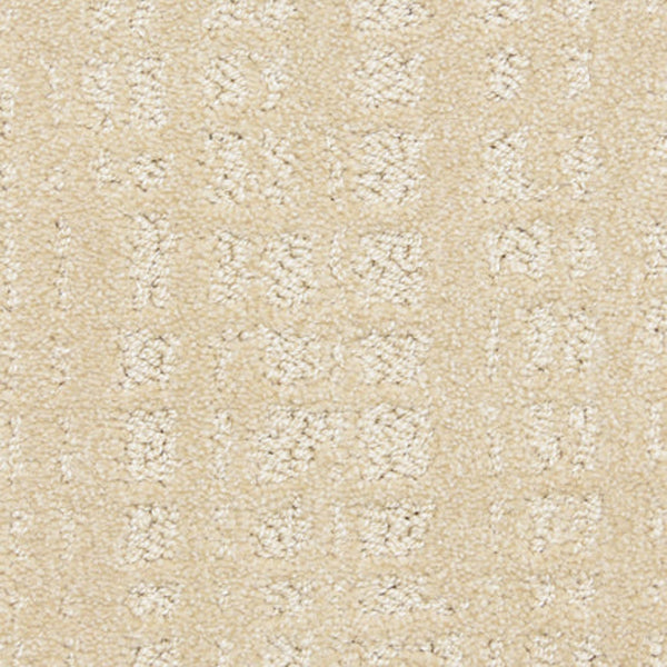 Close-up of Willow Lake On Trend Carpet in Chestnut, featuring a subtle repeating geometric pattern with textured loops for a soft, uniform look—perfect for high-traffic areas.