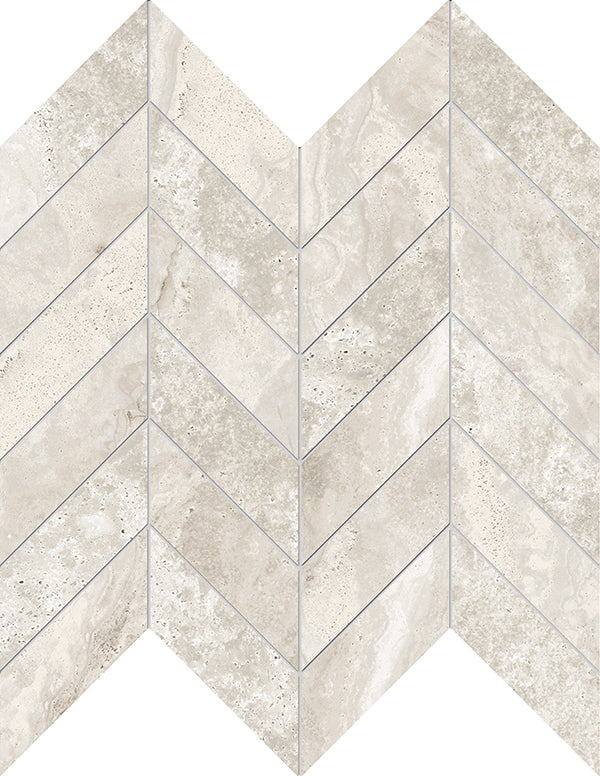Stream Chevron Porcelain Tile in beige and gray features a chevron zigzag pattern with subtle variations, natural veining, and authentic stone-like textures.
