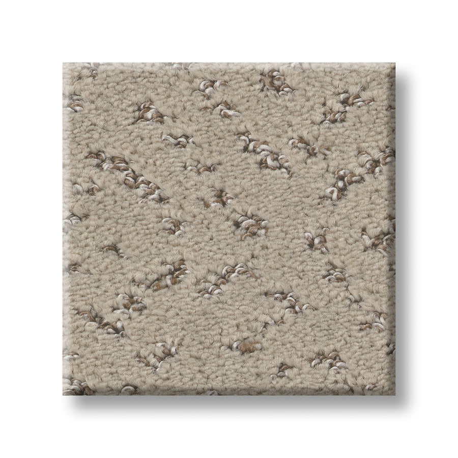 A square sample of Elaborate Artifact Family Friendly Carpet in textured beige with speckled light brown and cream tufts, stain-resistant for families, is shown on a white background.