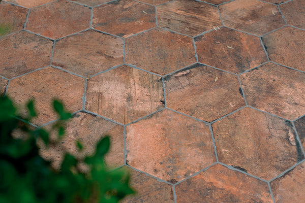 The Chicago 9x11 Brick Hex Tile features a weathered, rustic look reminiscent of vintage brick, complete with natural imperfections and subtle scratches. Green leafy plants are partially seen in the bottom left corner.