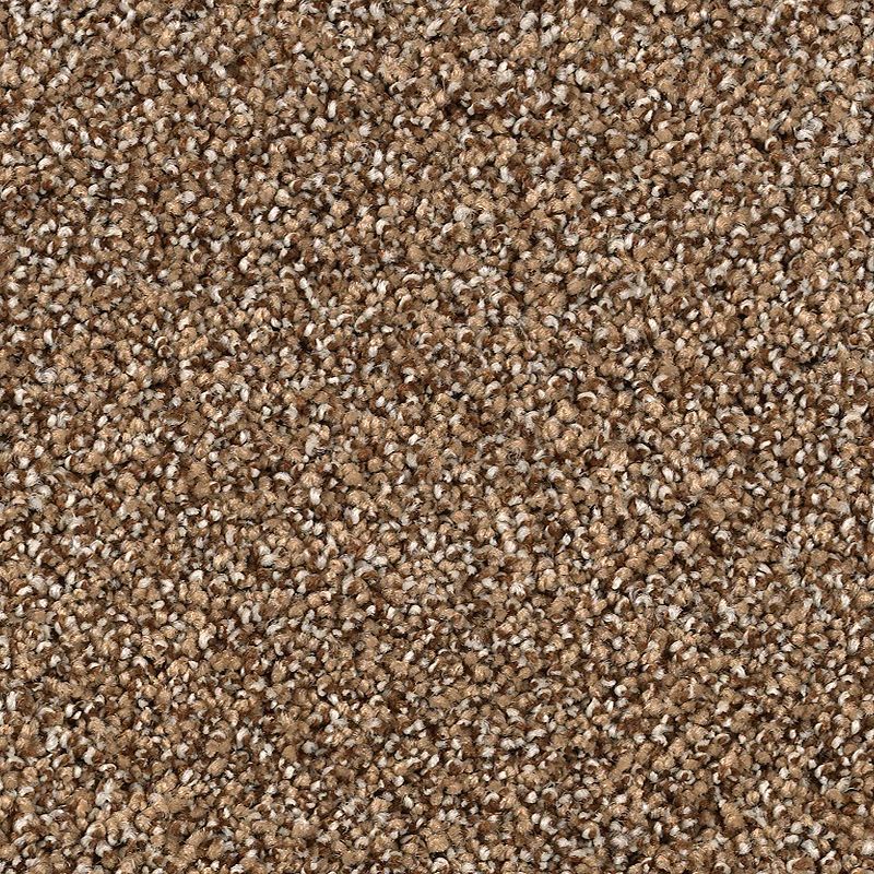 Close-up of Shaded Escape Family Friendly Carpet in Cigar Leaf, featuring a brown speckled look with tightly woven light and dark fibers for a soft, plush texture.