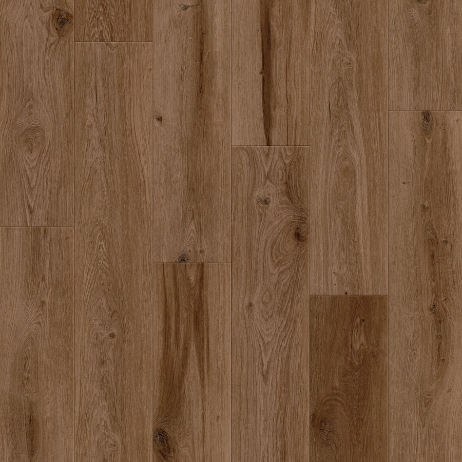 Close-up of Coretec Retro Revival 9" Vinyl Plank in Cinnamon Bark Oak, featuring durable vinyl planks with natural grain and knots for a rustic, vintage look.