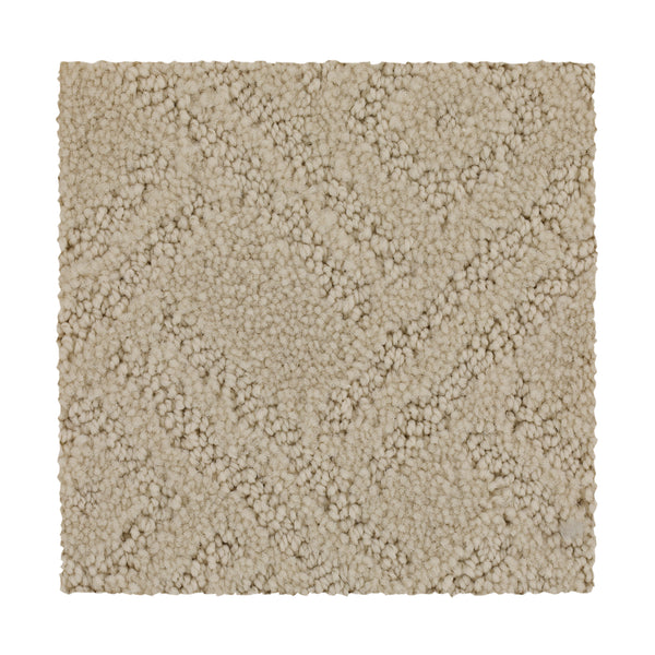 The Classic Frame Family Friendly Carpet in Harvest Moon features a textured, soft beige surface with a raised geometric pattern, offering plush comfort and durability—ideal for family spaces.
