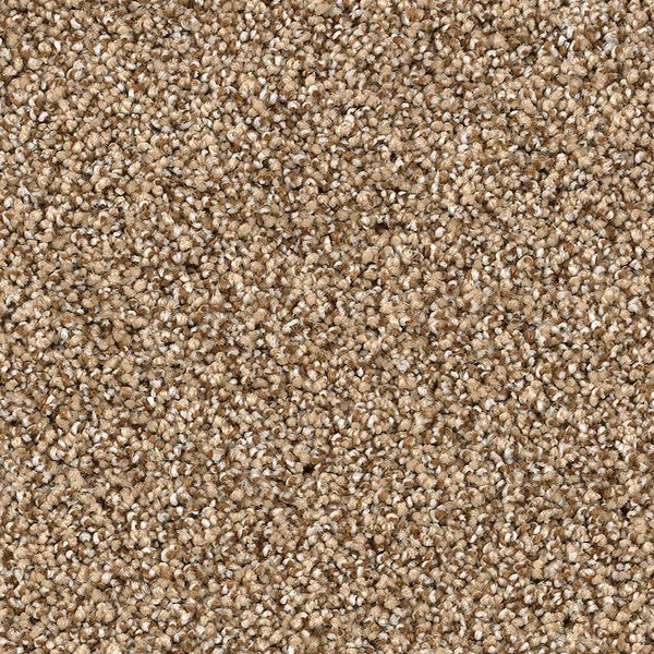 Close-up of Shaded Escape Family Friendly Carpet in Classic, featuring a durable, plush texture and tightly woven fibers in a random loop-pile pattern of brown and beige tones.