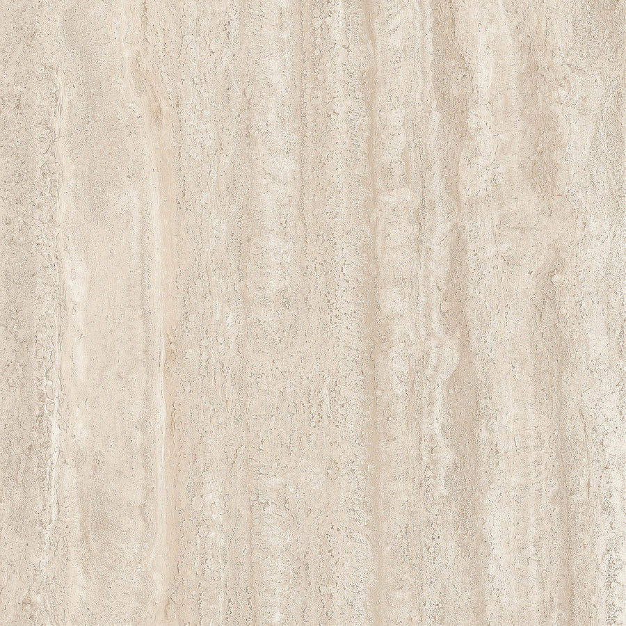 Villanova 24x24 Rectified Porcelain Tile features a light beige glaze with natural, vertical, and subtly wavy striations, resembling travertine or limestone for a sophisticated, timeless appearance.