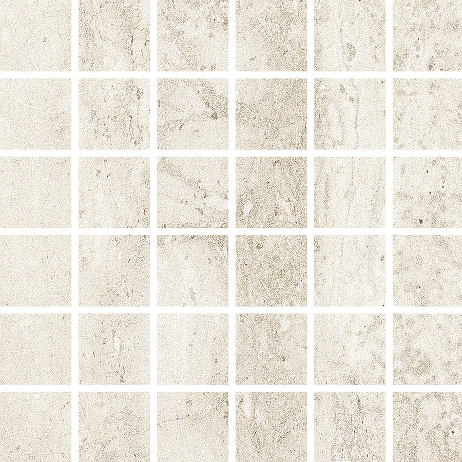 Villanova 2x2 Mosaic Tile features beige square tiles in neutral tones with subtle texture and color variations resembling natural stone. White grout lines separate the tiles, creating a clean and organized look.