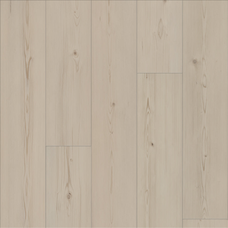 Coretec Plus Premium Vinyl features light-colored planks with visible grain and knots in a horizontal layout. This durable flooring combines the smooth look of wood with the easy-care benefits of luxury vinyl.