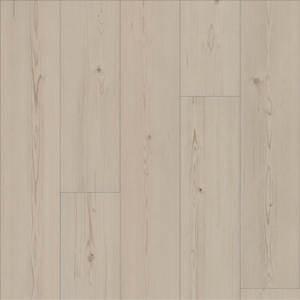 Coretec Plus Premium Vinyl features light-colored planks with visible grain and knots in a horizontal layout. This durable flooring combines the smooth look of wood with the easy-care benefits of luxury vinyl.