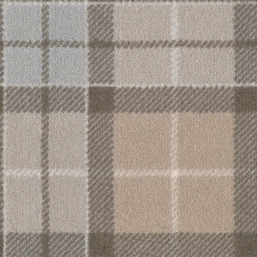 A close-up of the Club Royal On Trend Carpet in French Beige, displaying a plaid pattern with intersecting lines and squares in beige, gray, and light brown for a soft, textured look.